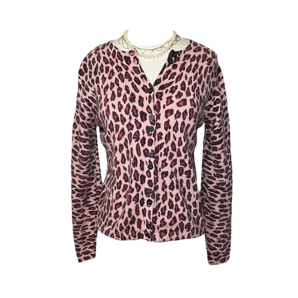 Y2K Cheetah Print Cardigan Sweater Wool + Angora Knit Pink Animal Graphic Small